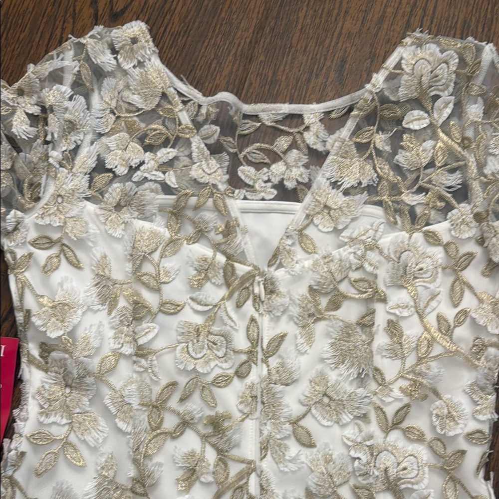 NWT Adrianna Papell Cream and Tan Sheath Dress with Bell Sleeves - Picture 7 of 8